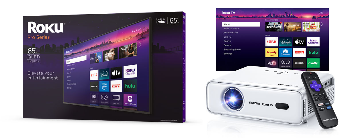 65” Pro Series Roku TV and Aurzen EAZZE D1R Roku TV Smart Projector